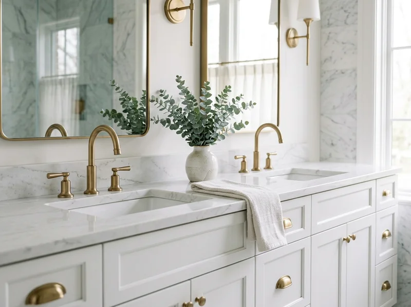Custom double bathroom vanity with quartzite countertop and brushed brass faucets