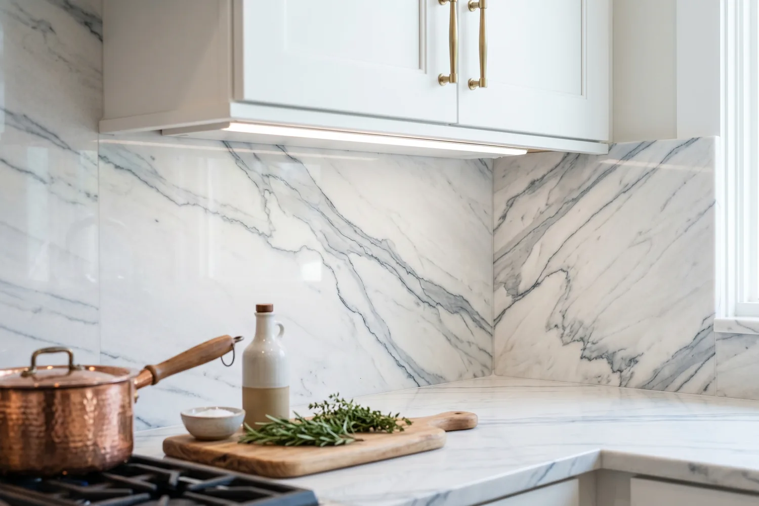 Close-up of a full-height polished white quartzite backsplash with dramatic gray-blue veining flowing continuously from countertop up the wall in a luxury Florida kitchen