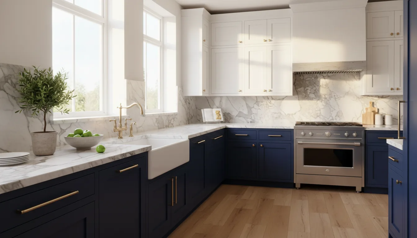 Finished luxury kitchen with navy lower cabinets, white shaker uppers, brushed brass hardware, and calacatta marble countertop