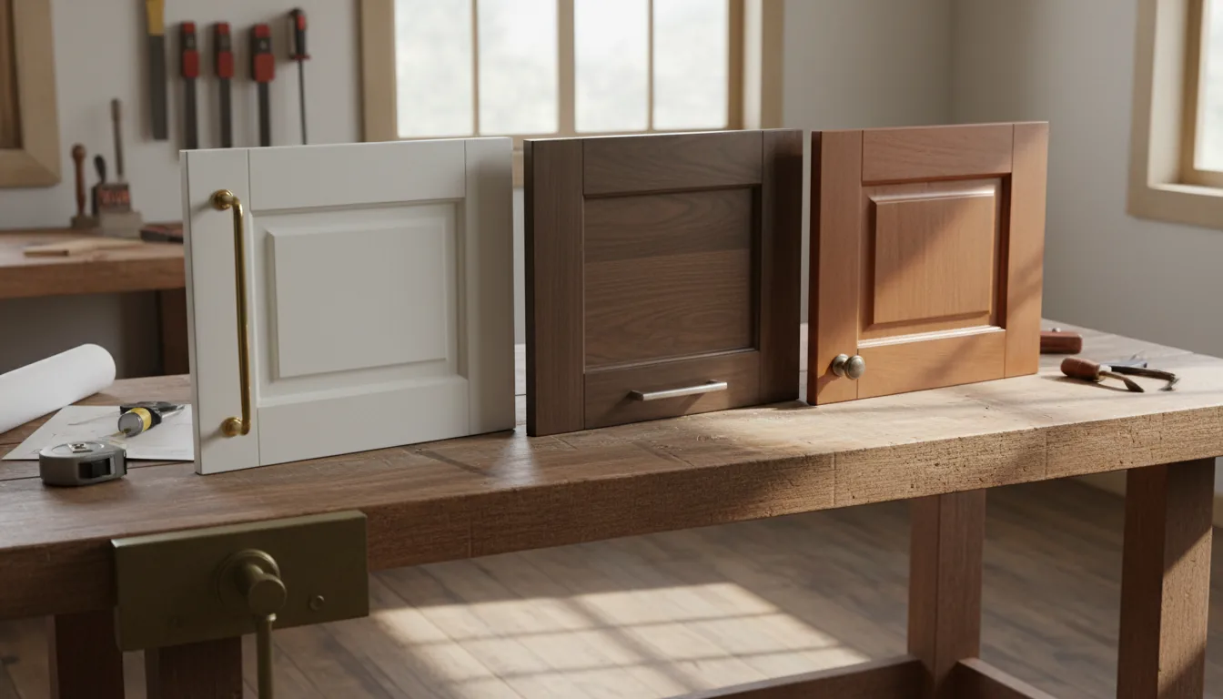 Three kitchen cabinet door samples on workbench: white shaker, navy slab, oak shaker