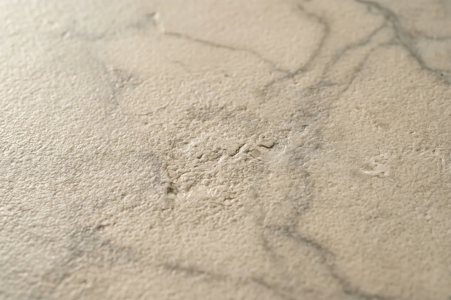 Close-up of a leathered quartzite countertop surface showing fine pebbled organic texture catching raking light, with softened veining visible through the textured finish