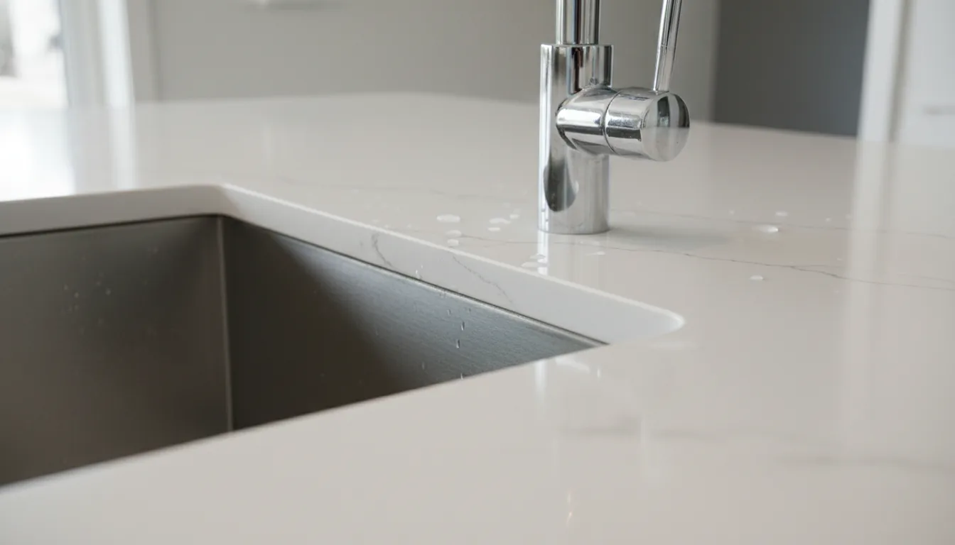 Close-up of stainless undermount sink edge meeting white quartz countertop