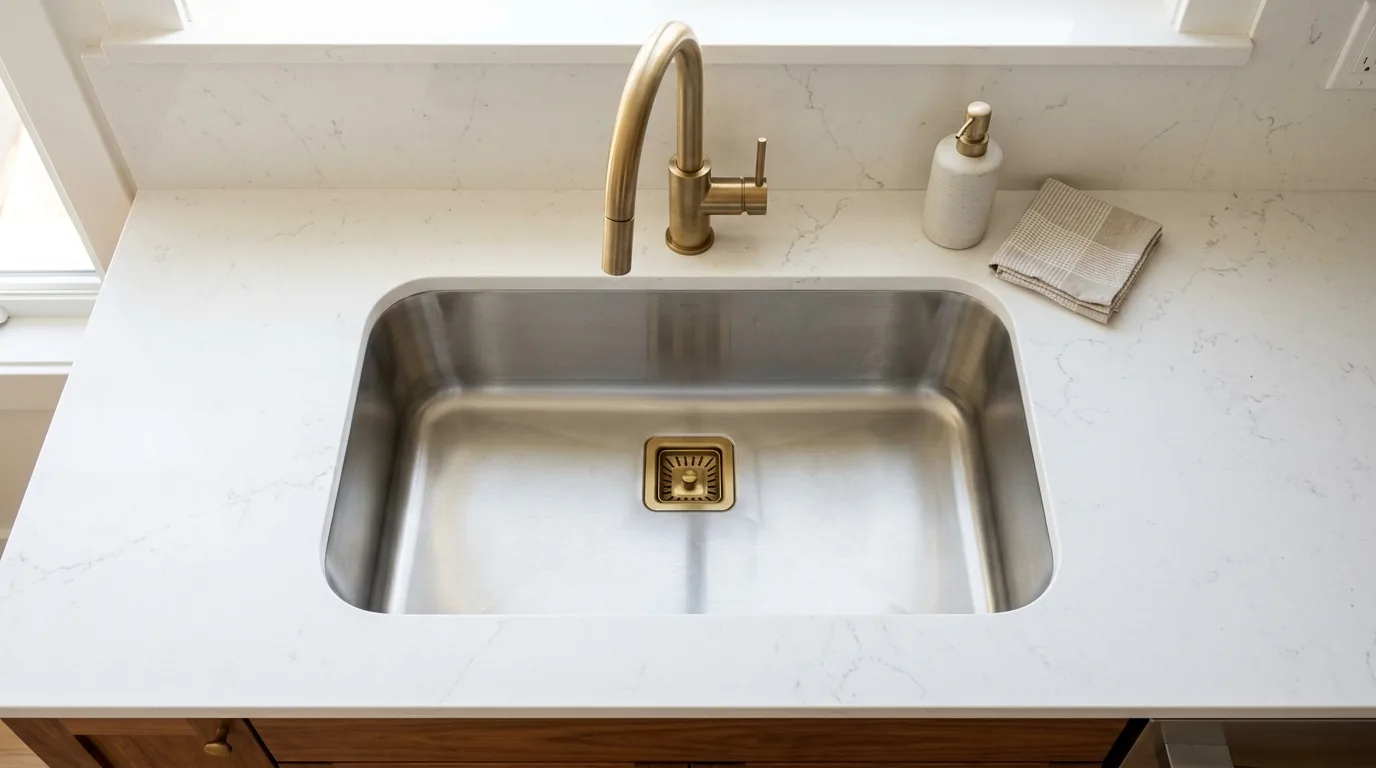 Stainless steel undermount kitchen sink in white quartz countertop
