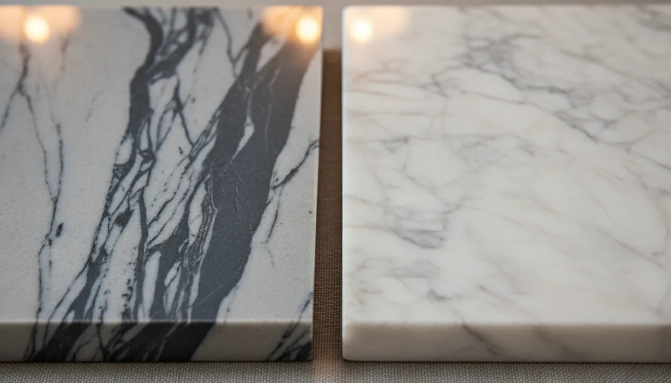 Side-by-side comparison of dramatic quartzite veining and classic Carrara marble veining