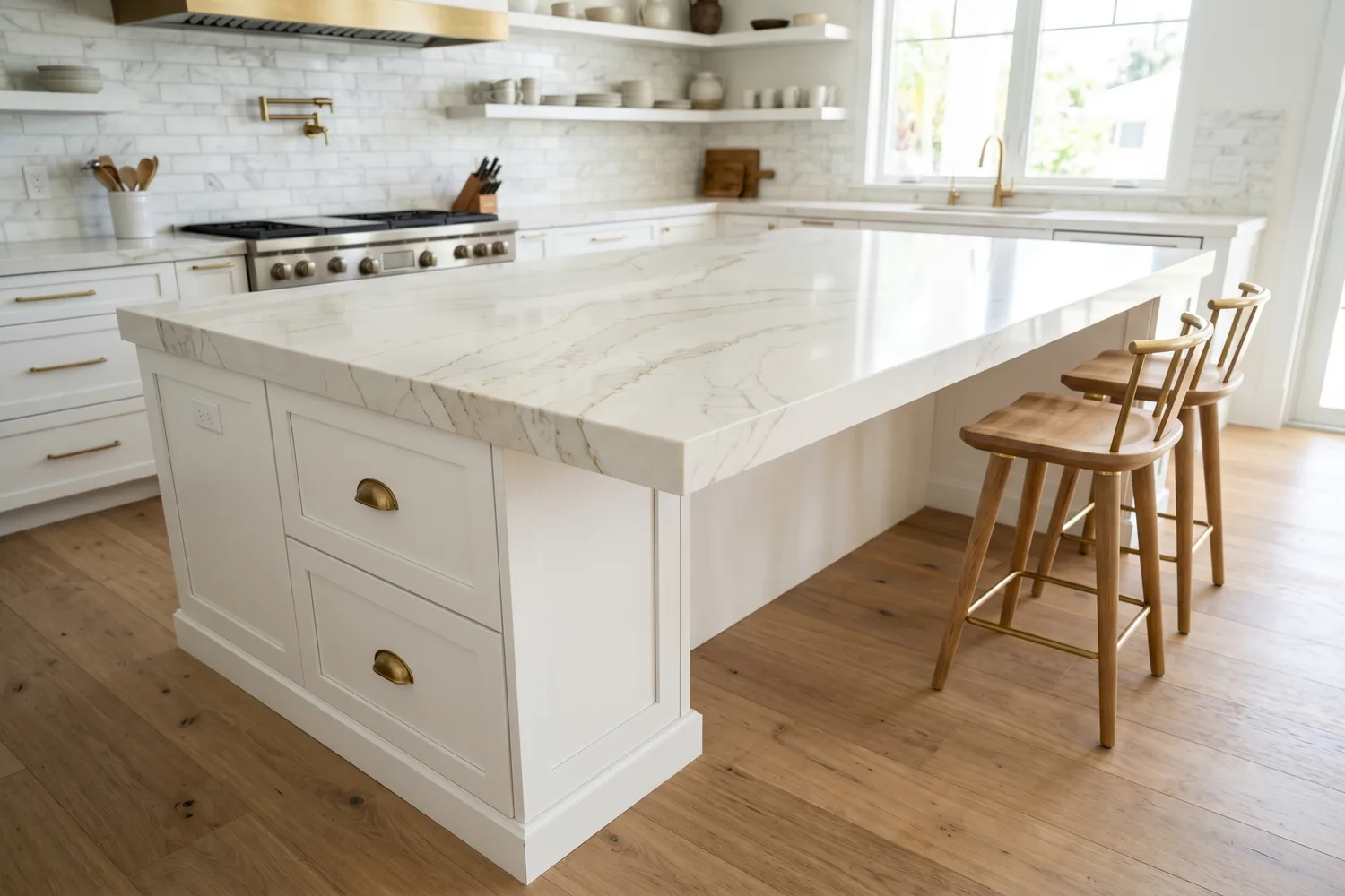 Side view of a polished white quartz kitchen island countertop with a clear seating overhang extending past the white shaker cabinet face below, with a yellow tape measure leaning against the cabinet base