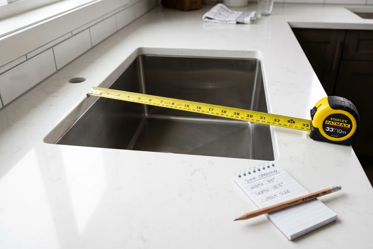 Yellow tape measure stretched across the opening of a stainless steel undermount kitchen sink cutout in a white quartz countertop with a small notepad showing the sink dimensions written in pencil