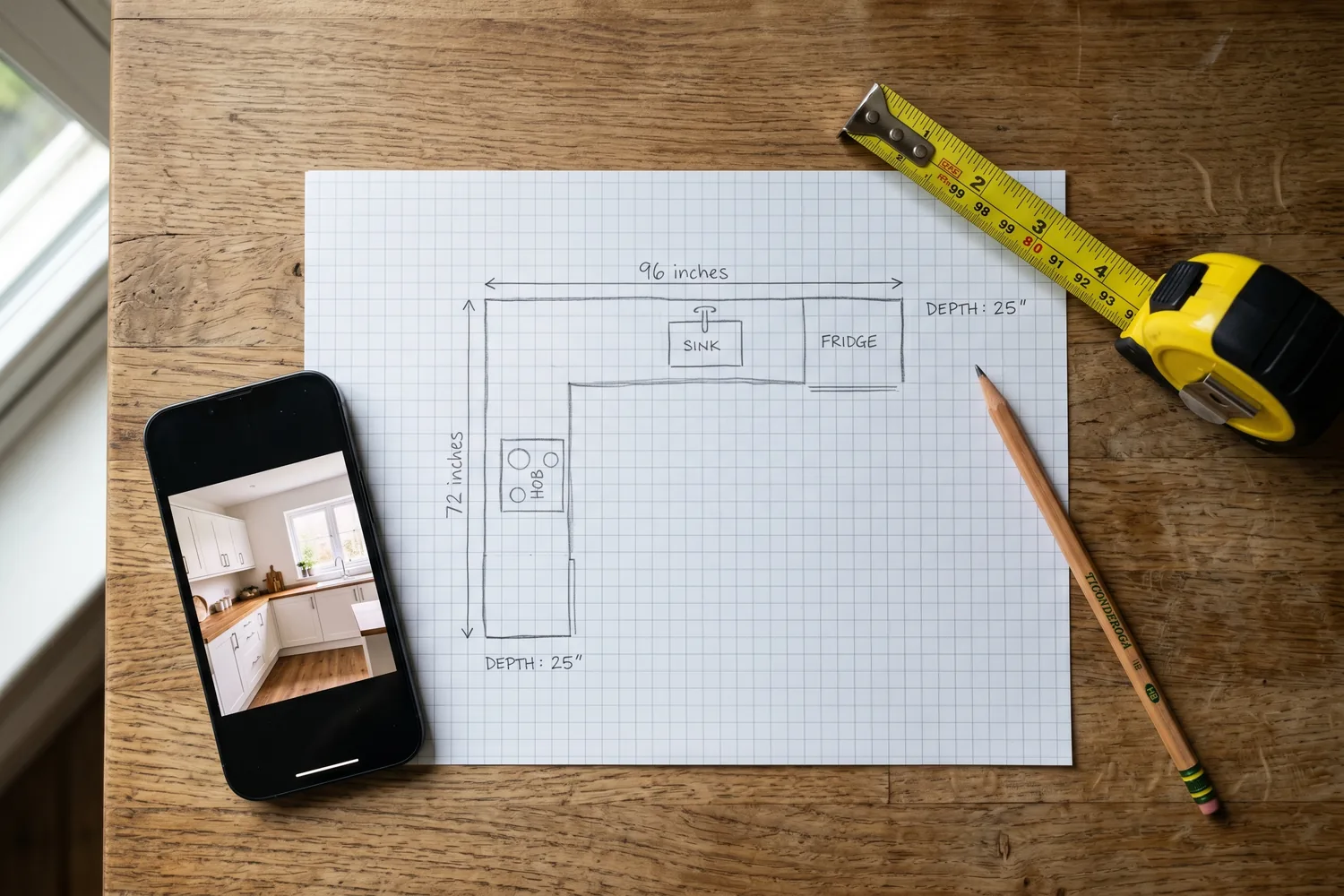 Overhead view of a hand-drawn kitchen counter layout sketch on graph paper showing an L-shaped counter with measurements written in pencil, alongside a yellow tape measure and a phone