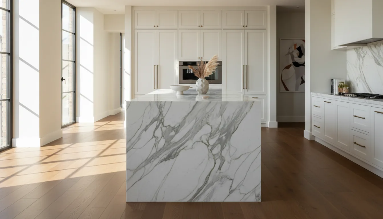 Luxury kitchen island with dramatic waterfall edge in calacatta marble flowing from countertop to floor