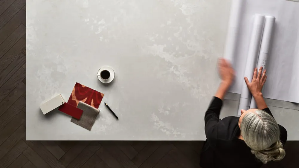 Cloudburst Concrete Caesarstone quartz waterfall edge