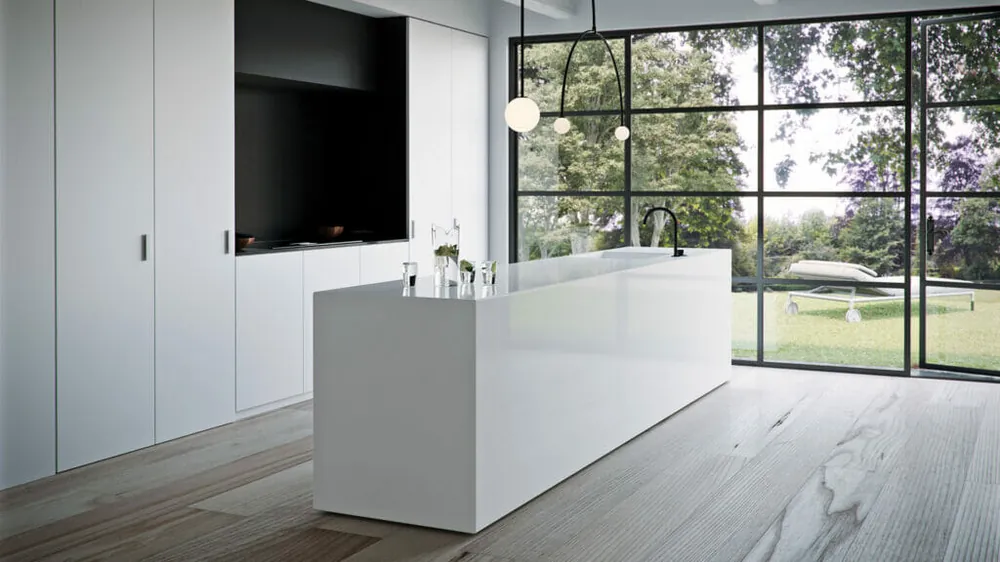 Pure White Caesarstone quartz with hardware