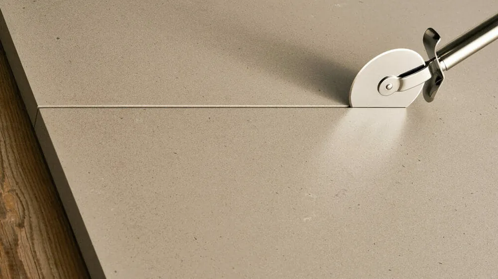 Raw Concrete Caesarstone quartz waterfall edge