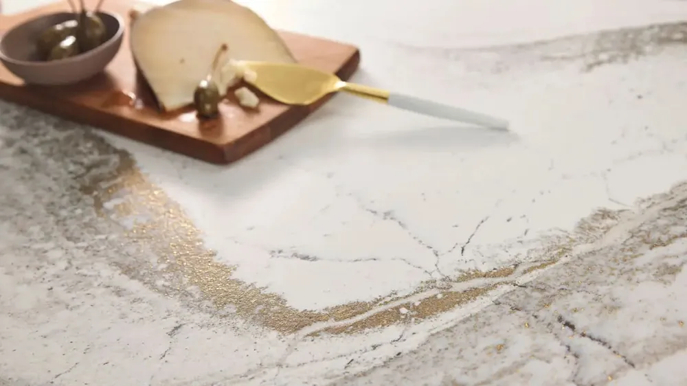 Windsor Brass Satin Ridge Cambria quartz installed countertop