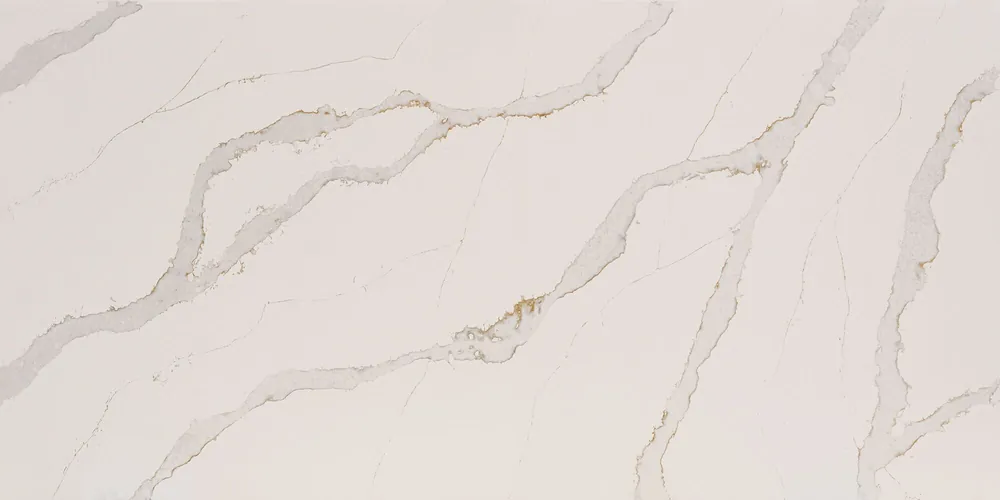 Calacatta Alabaster Daltile quartz / porcelain waterfall edge