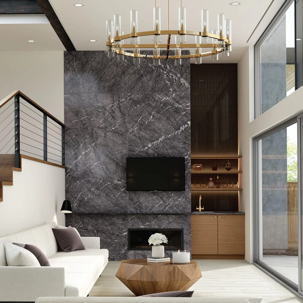 Jasper Grey Daltile quartz / porcelain waterfall edge