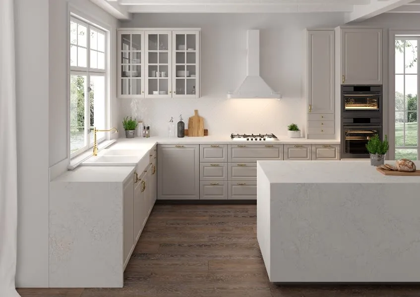 Adagio Gold LX Hausys viatera quartz with hardware