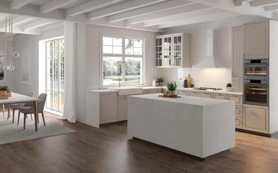 Adagio Gold LX Hausys viatera quartz waterfall edge