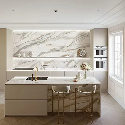 Calacatta Oro LX Hausys viatera quartz waterfall edge