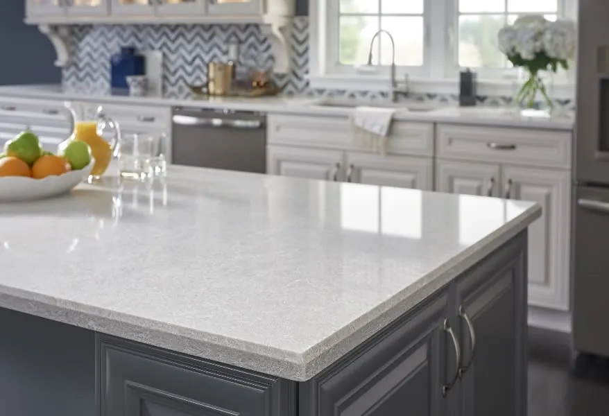 Shadow Gray LX Hausys viatera quartz waterfall edge