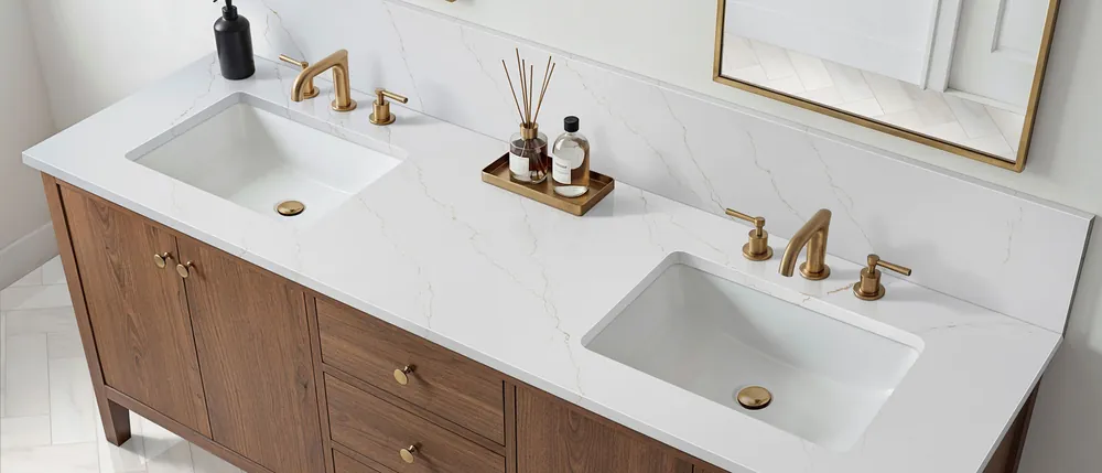 Calacatta Miraggio Gold MSI quartz with hardware
