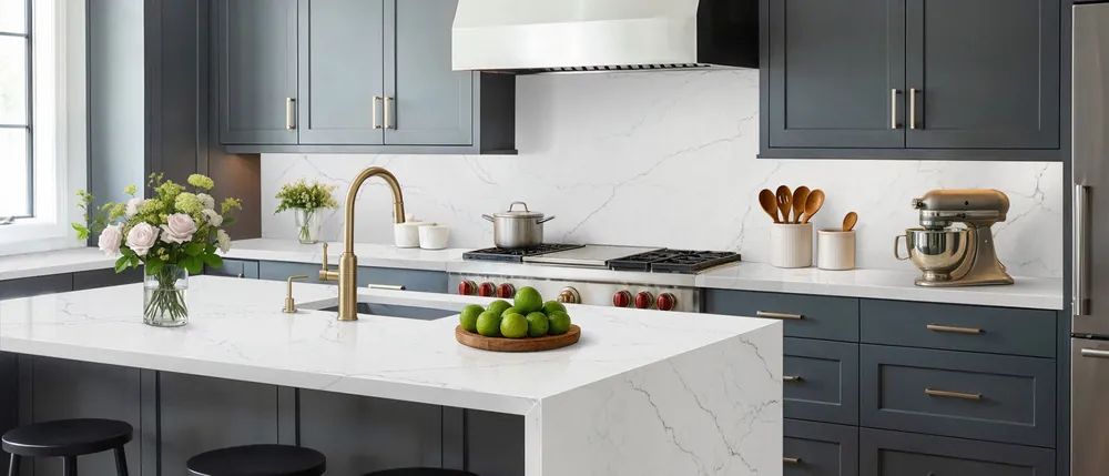 Calacatta Miraggio SeaGlass MSI quartz with hardware
