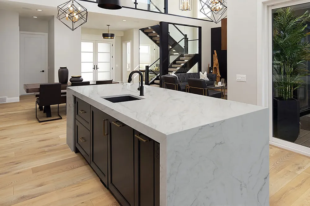 Calacatta Montreal MSI quartzite waterfall edge