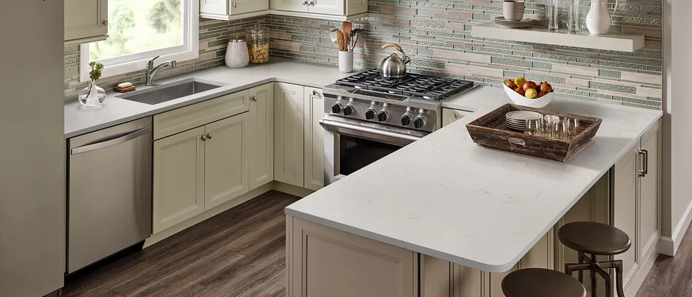 Carrara Trigato MSI quartz waterfall edge