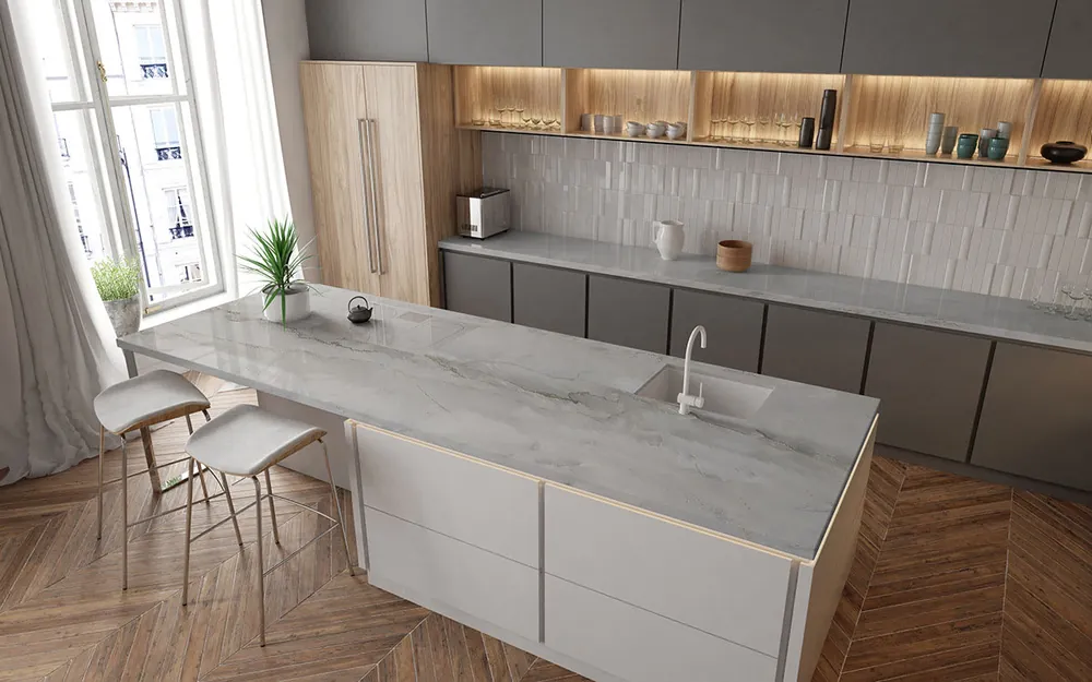 Glacier Wave MSI quartzite with hardware