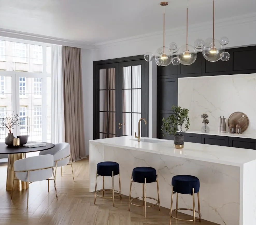 Blanc Elysee Silestone quartz waterfall edge