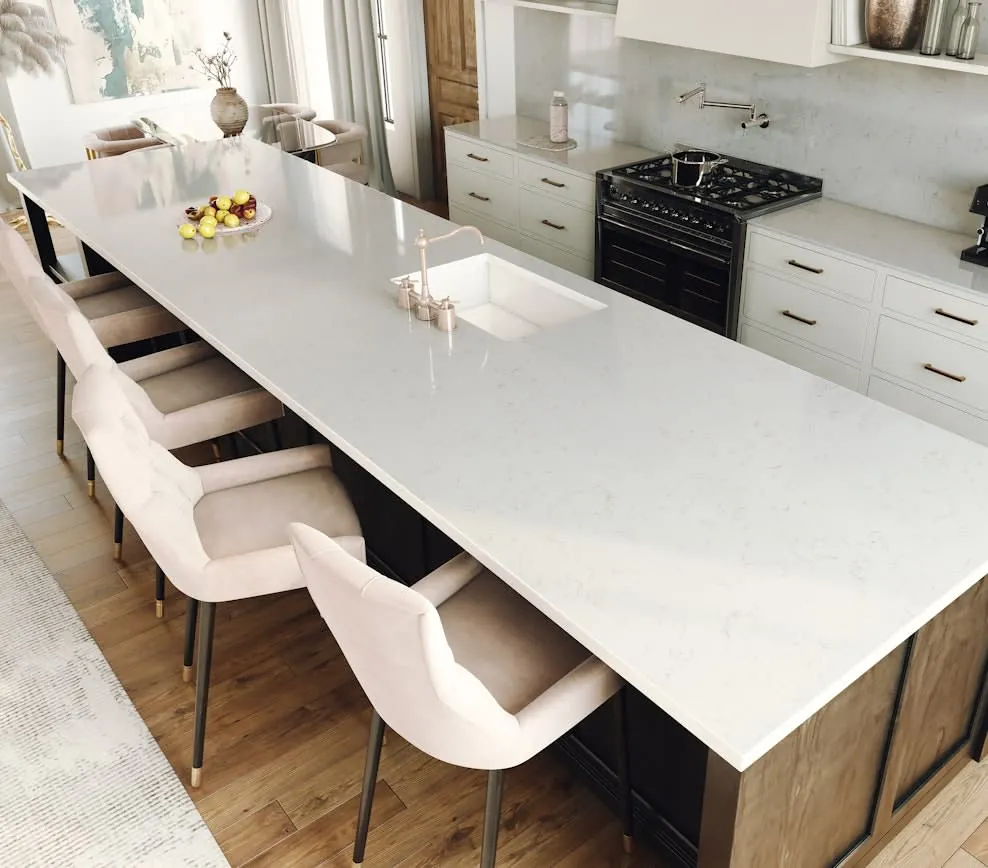 Miami White Silestone quartz waterfall edge