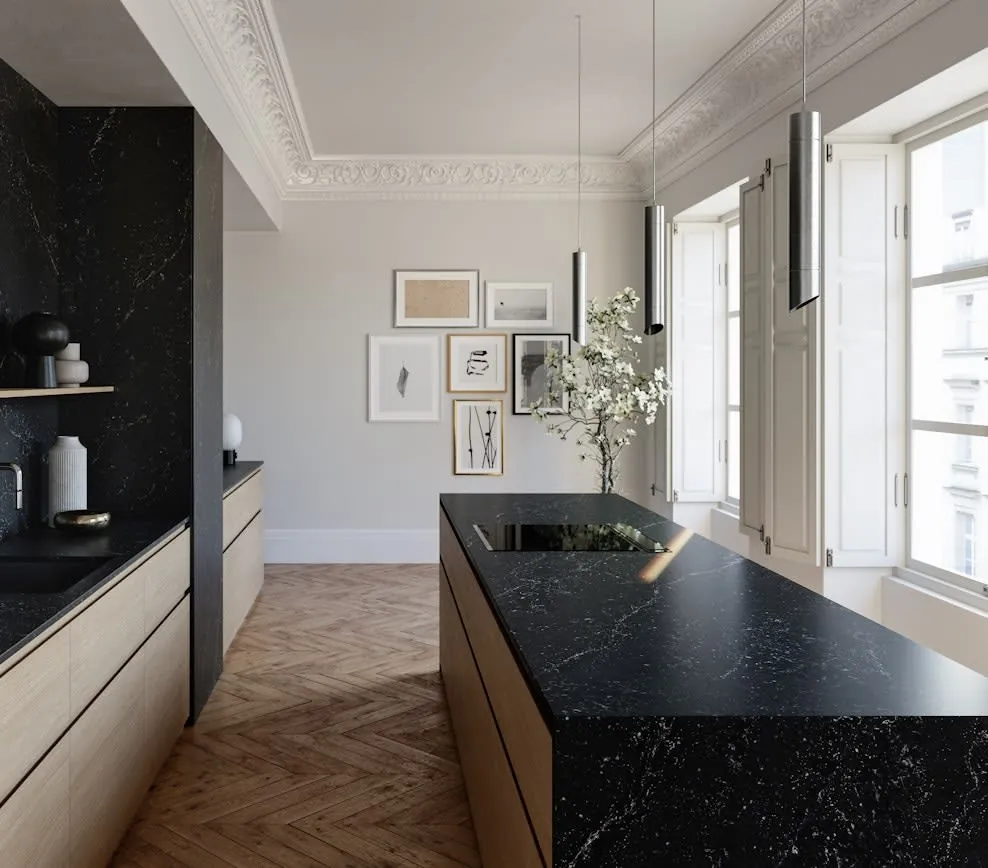 Romantic Ash Silestone quartz waterfall edge