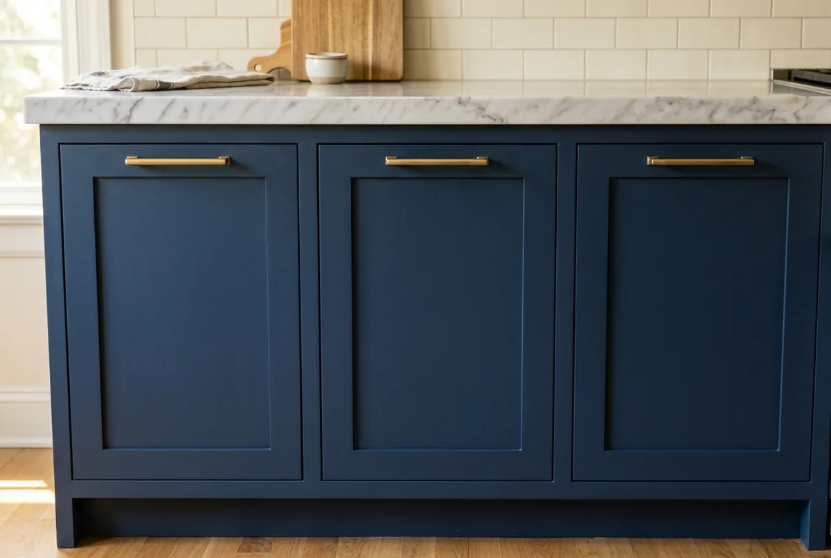 Navy blue shaker cabinets with consistent reveals and brushed brass bar pulls under marble counter
