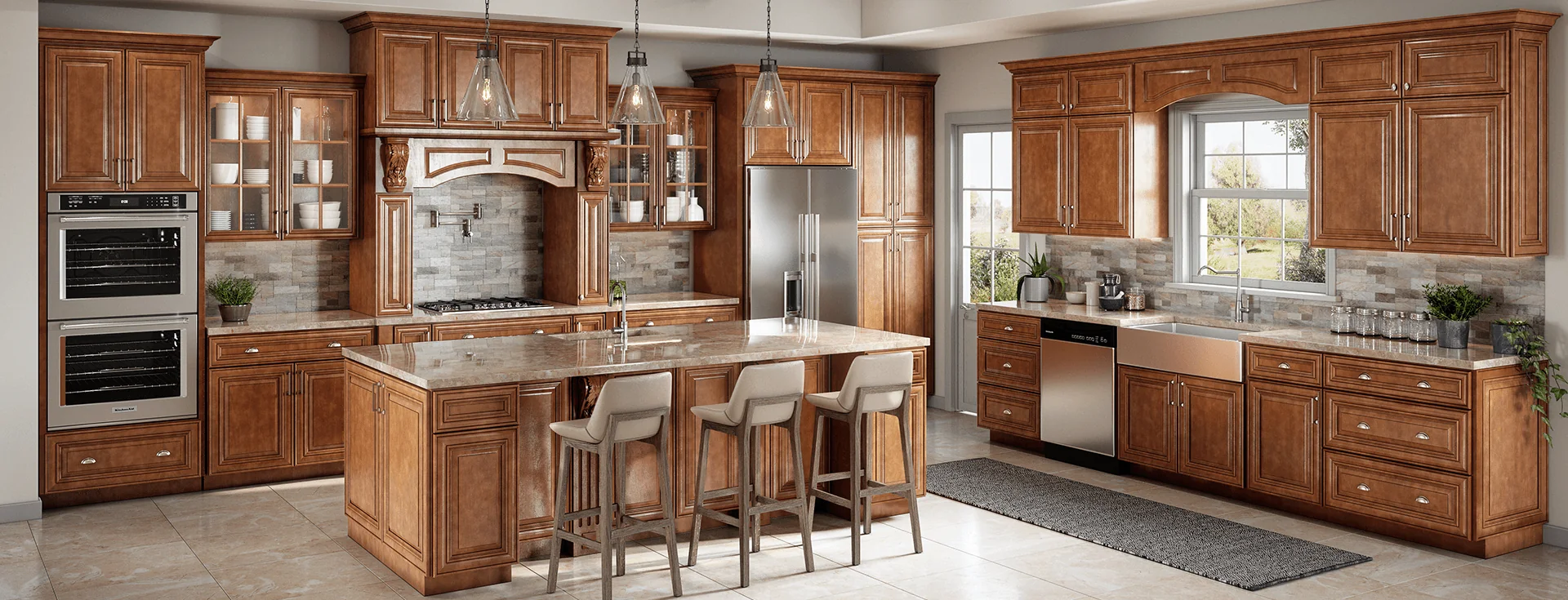 Traditional raised panel cabinetry in Palm Beach County Mediterranean estate kitchen with stone countertops