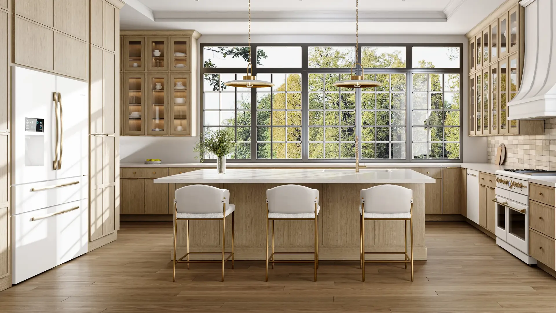 Modern slim shaker kitchen cabinets in Palm Beach County with brushed brass hardware and quartz countertops