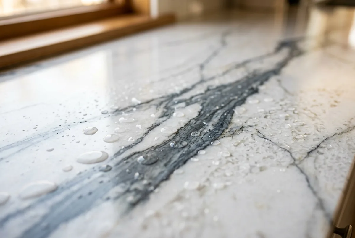 Polished white quartzite countertop with gray-blue veining and humidity beads