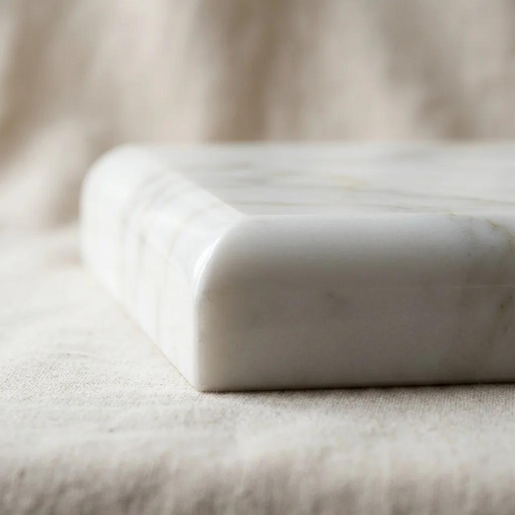 Half bullnose edge profile on polished white marble countertop