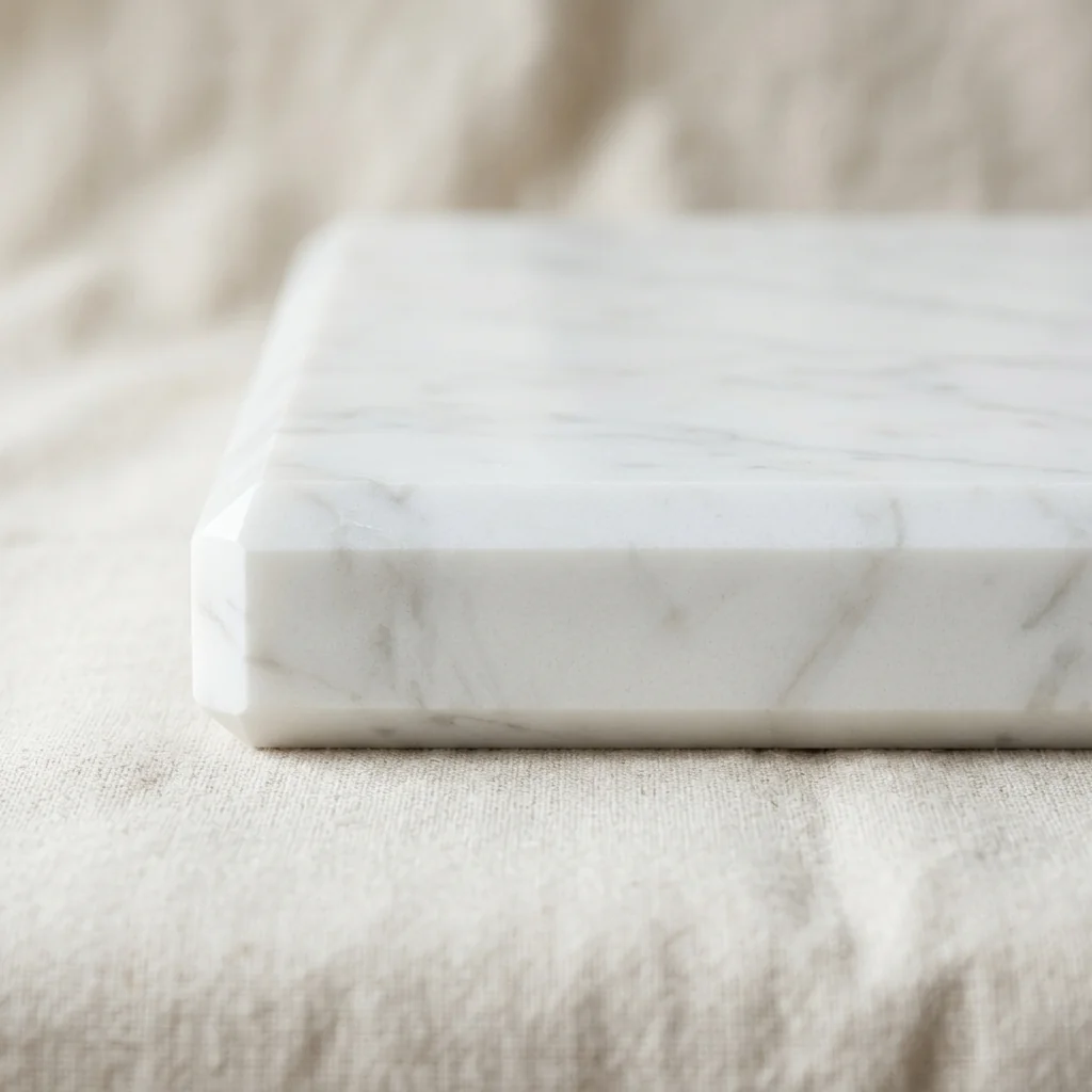 Quarter bevel edge profile on polished white marble countertop