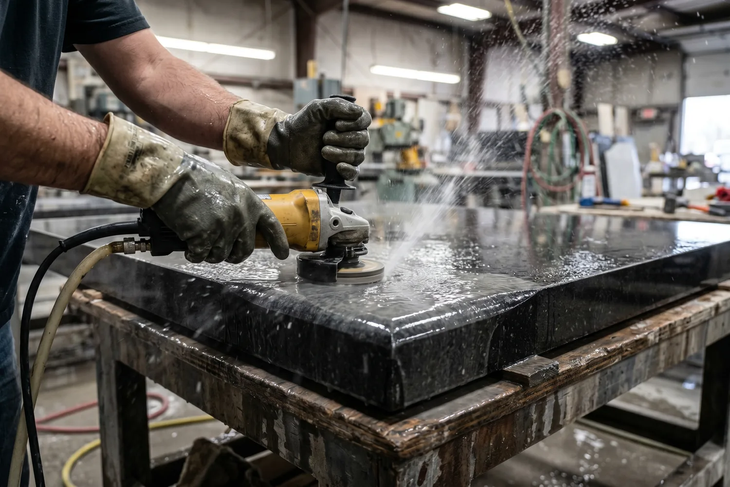 Stone fabricator's gloved hands using a handheld wet diamond grinder to shape an inside corner radius on the edge of a polished black granite countertop slab