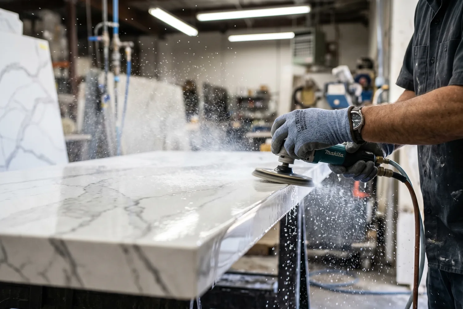 Hands wearing safety gloves polishing the eased edge of a thick white calacatta quartz countertop slab with a handheld diamond polishing wheel and water spray