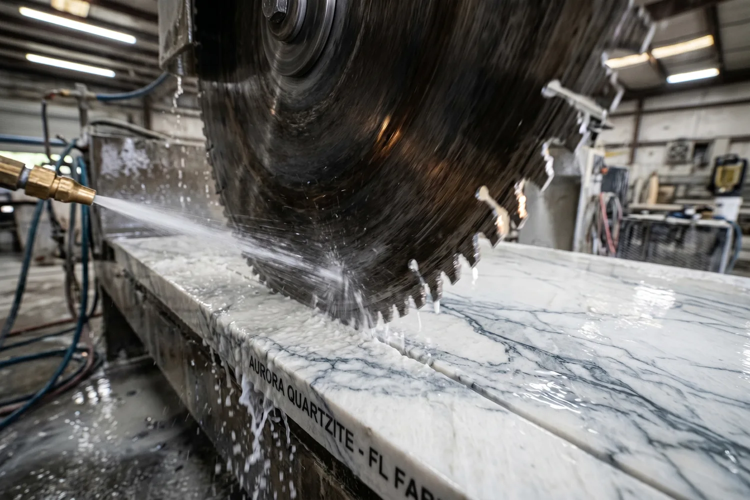 Close-up of a round diamond bridge saw blade with jagged teeth cutting through a thick white quartzite slab with gray-blue veining at the JR Stone Design fabrication shop in Riviera Beach