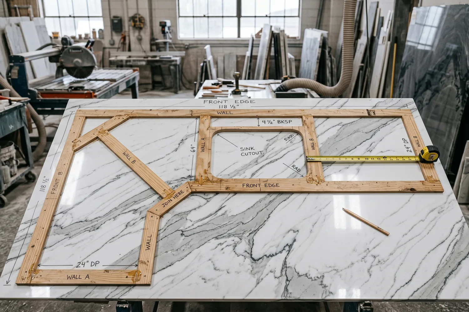 Wooden templates made from pine strips and luan plywood laid out on top of a polished white quartzite slab with gray veining at the JR Stone Design fabrication shop