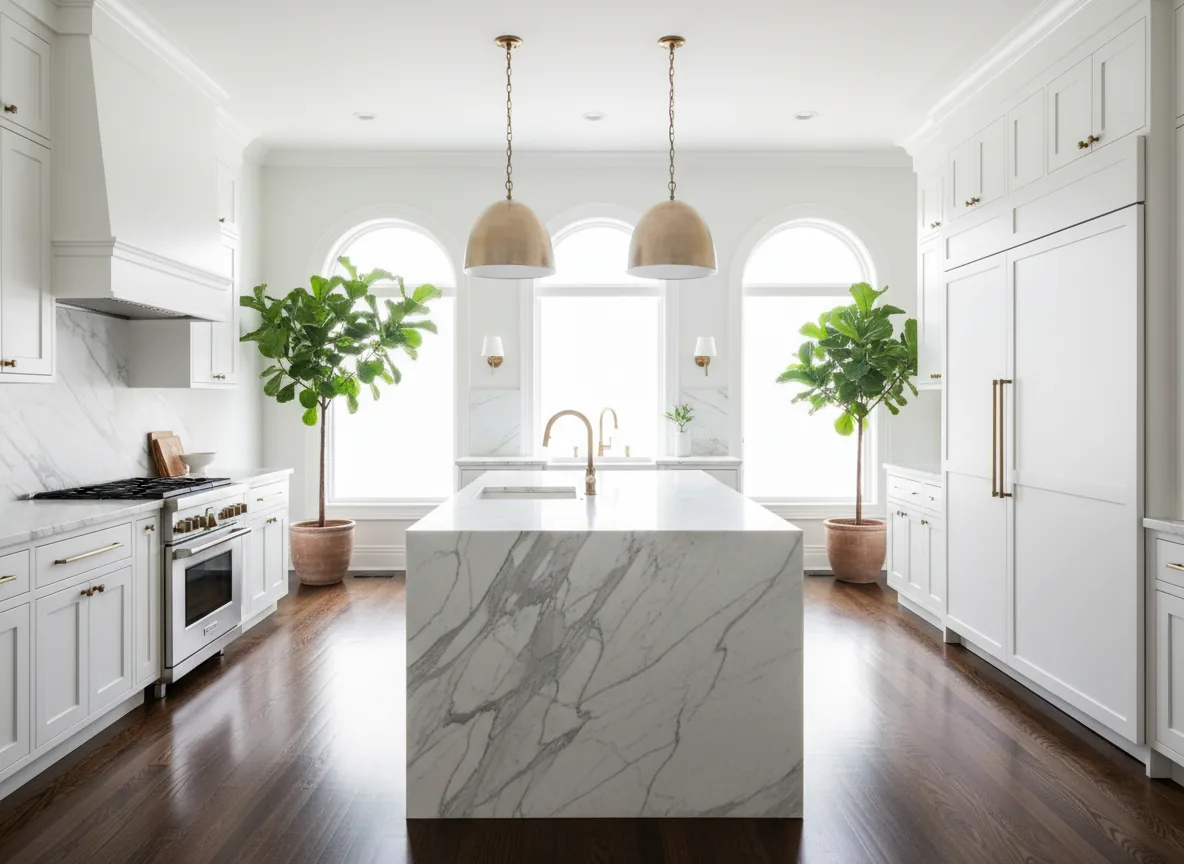 White shaker kitchen with calacatta marble waterfall island and brass pendant lights