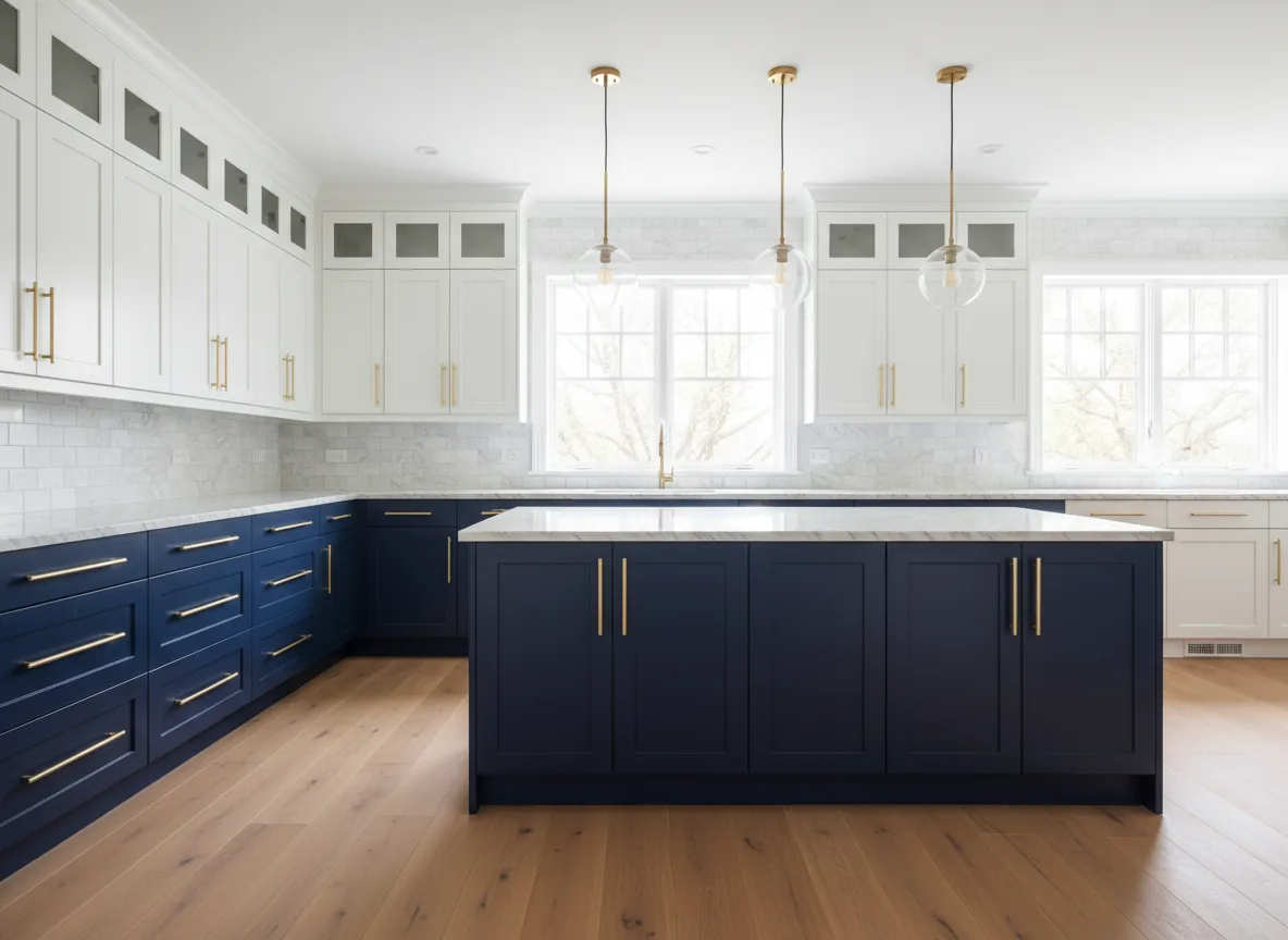 Navy and white two-tone kitchen with brushed brass hardware and Carrara marble