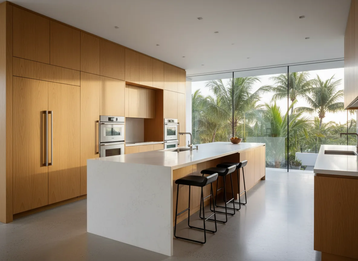 Modern natural oak slab-front kitchen with white quartz and palm tree views
