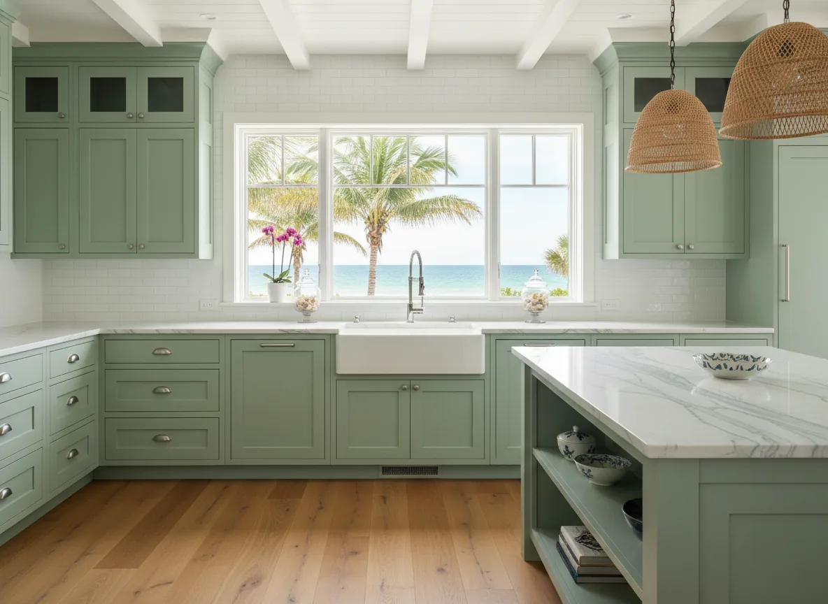 Sage green coastal kitchen with white quartzite and farmhouse sink