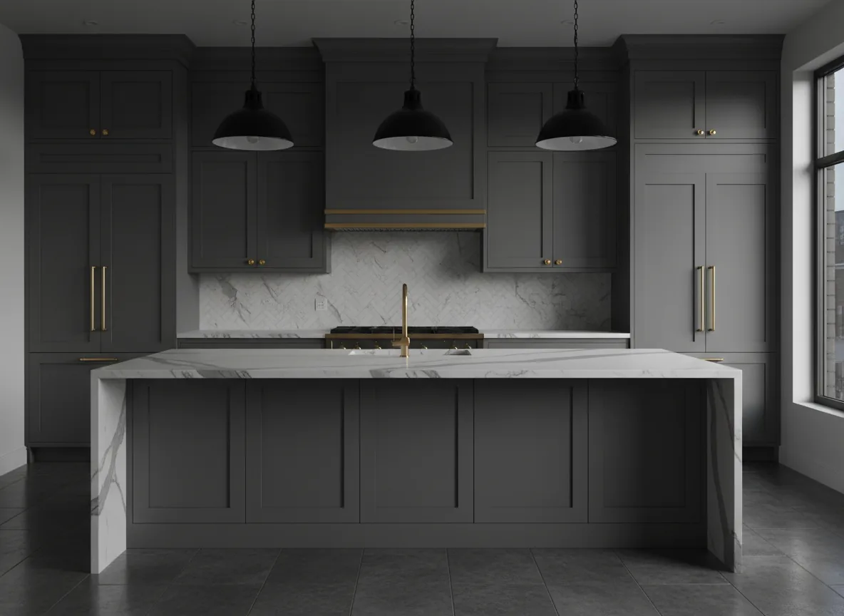 Charcoal gray modern kitchen with quartzite waterfall island and brass hardware