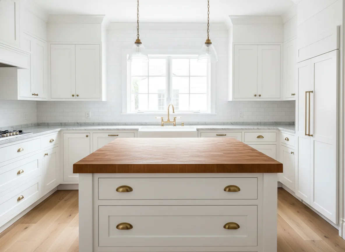 All-white classic shaker kitchen with butcher block island and marble counters