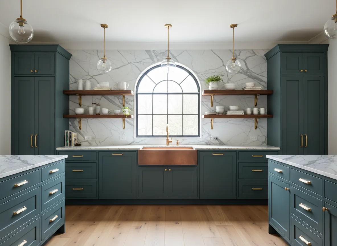 Greenwich gray painted shaker kitchen with calacatta marble and copper sink