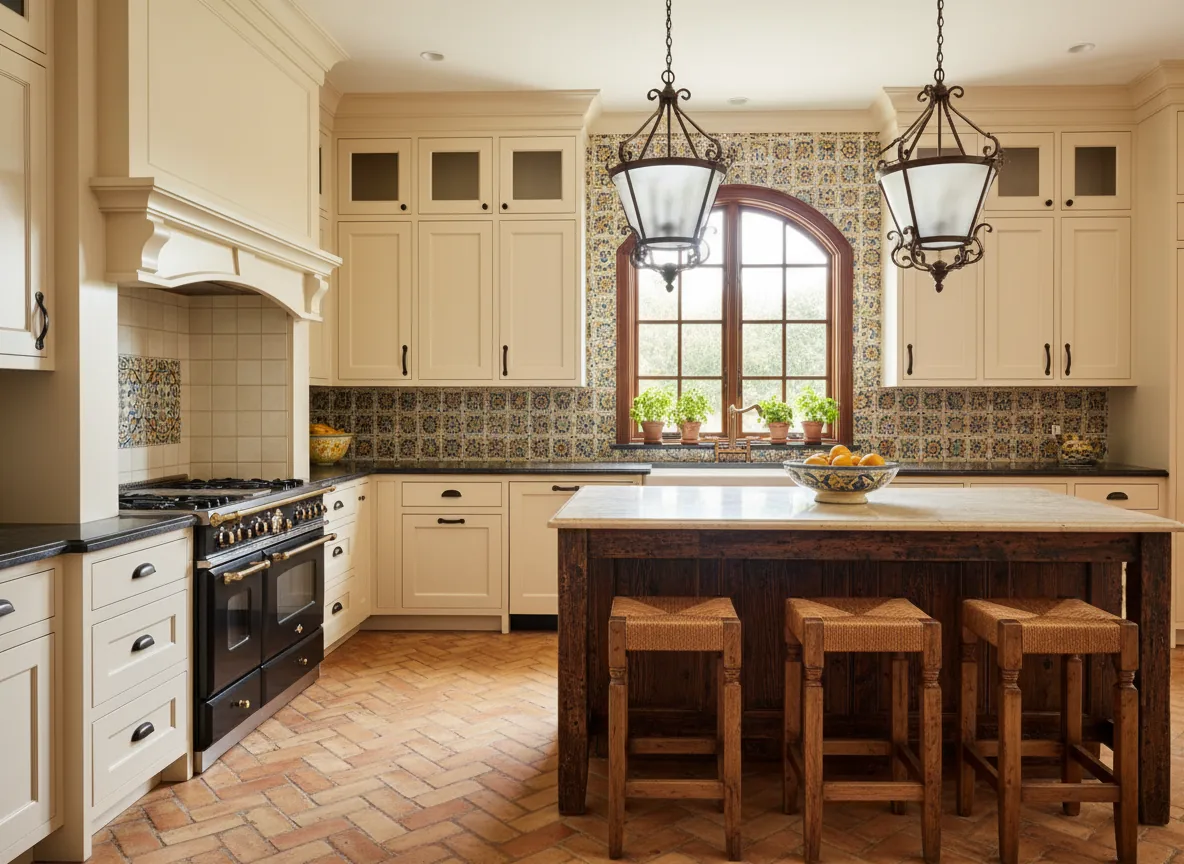 Mediterranean Spanish-style kitchen with cream cabinetry and terracotta tile floor