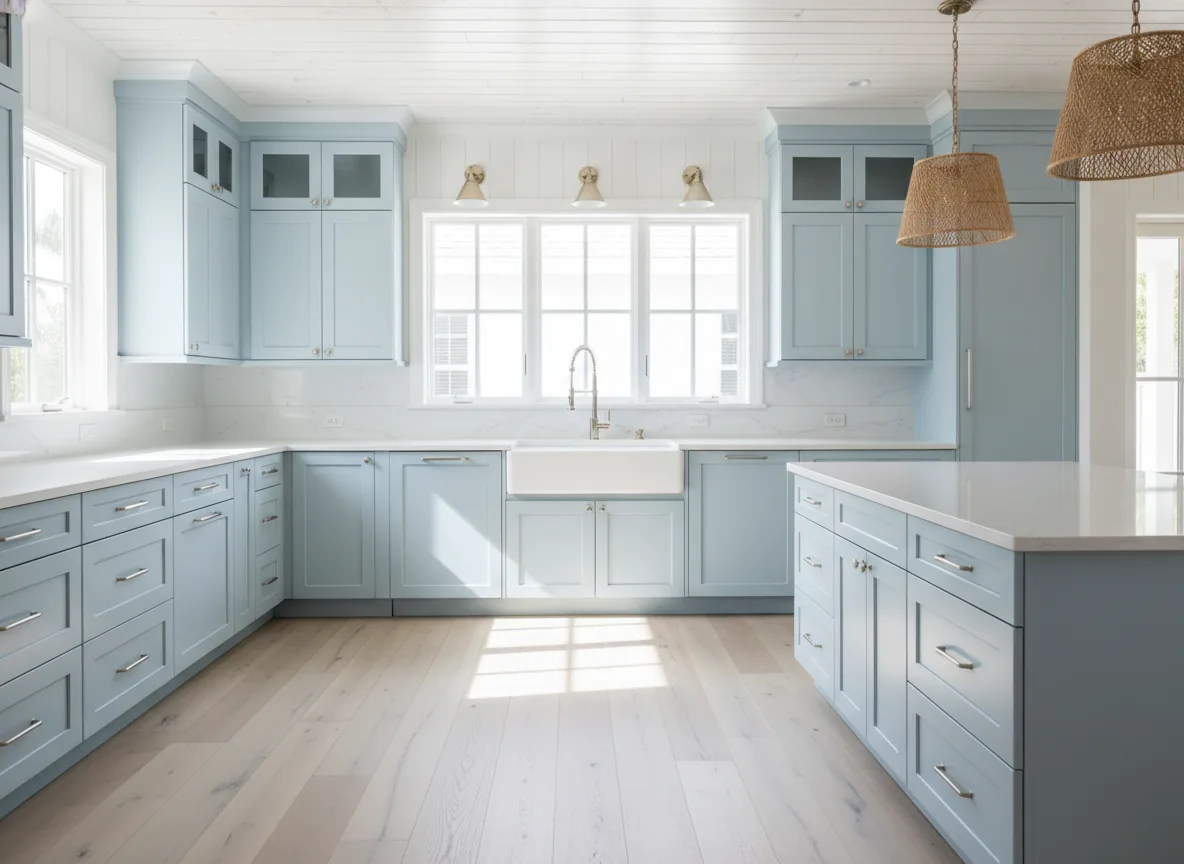 Light blue coastal Florida kitchen with whitewashed oak floor and rattan pendants