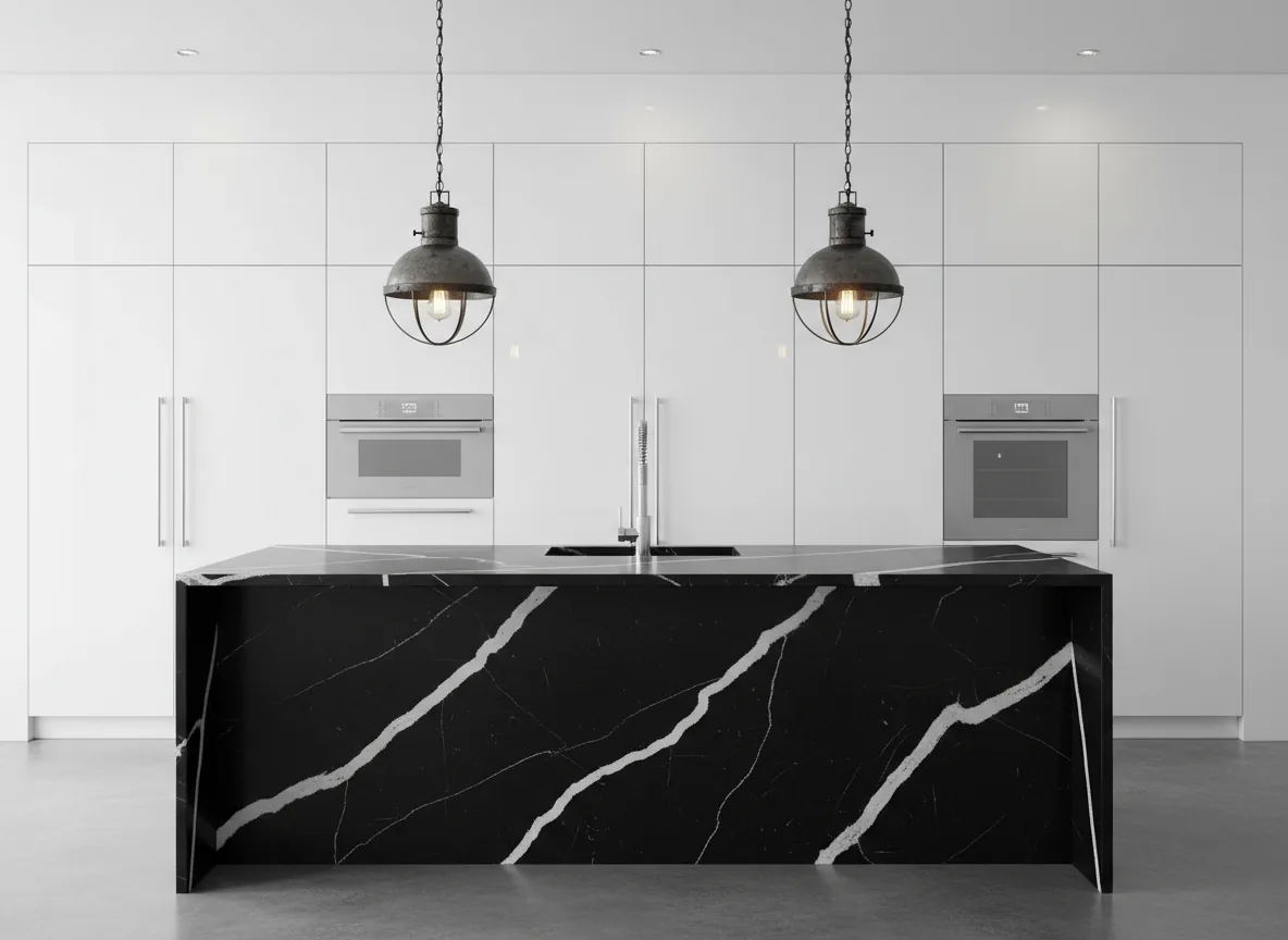 Contemporary high-gloss white kitchen with black quartzite waterfall island
